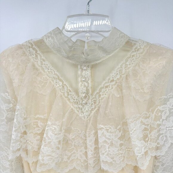 vintage 70s WEDDING DRESS bridal lace victorian boho ivory off white maxi M L - Picture 2 of 13